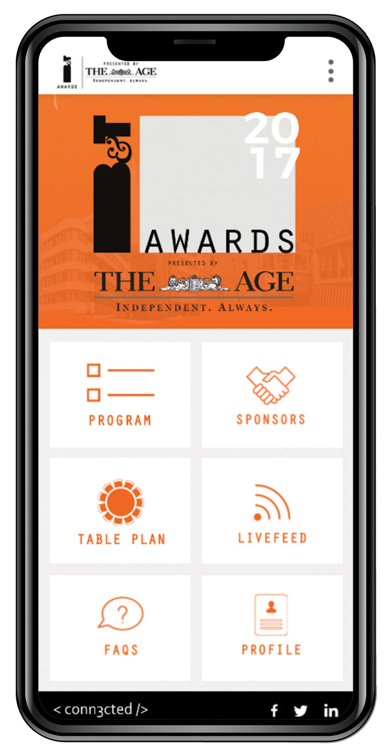 Branded event app interface customised for corporate conference on mobile devices