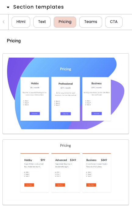 website templates for ecommerce content panels
